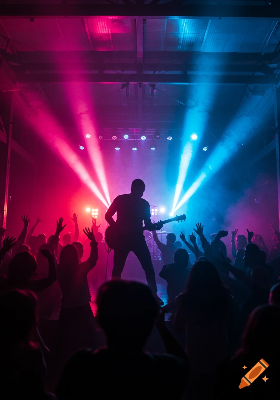 A silhouetted guitarist on stage performing for a crowd under vibrant red and blue spotlights at a dark concert.