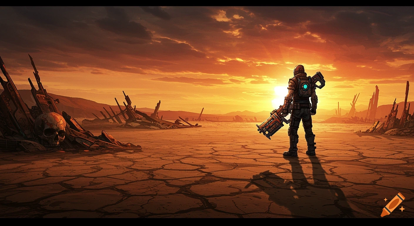 A lone armored figure with a large weapon stands in a cracked desert wasteland at sunset, with ruins and a skull.