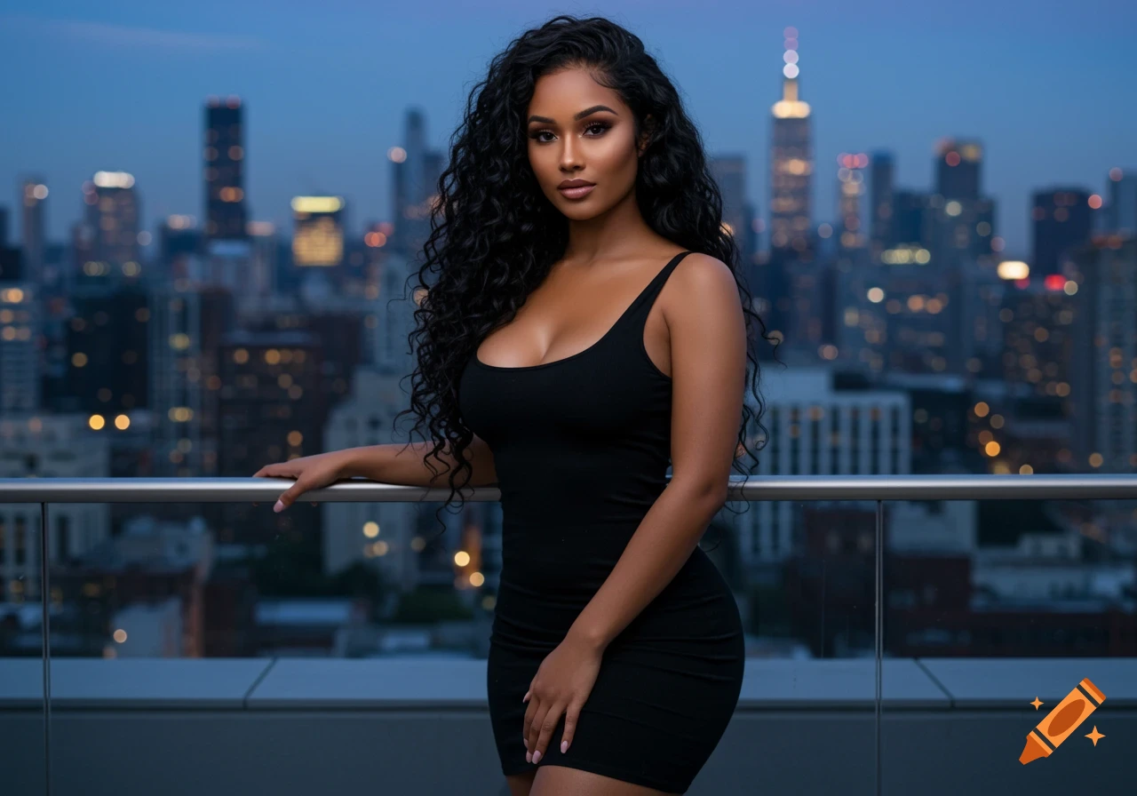 A woman with light brown skin and long dark curly hair in a black dress poses on a rooftop overlooking a city skyline at dusk.