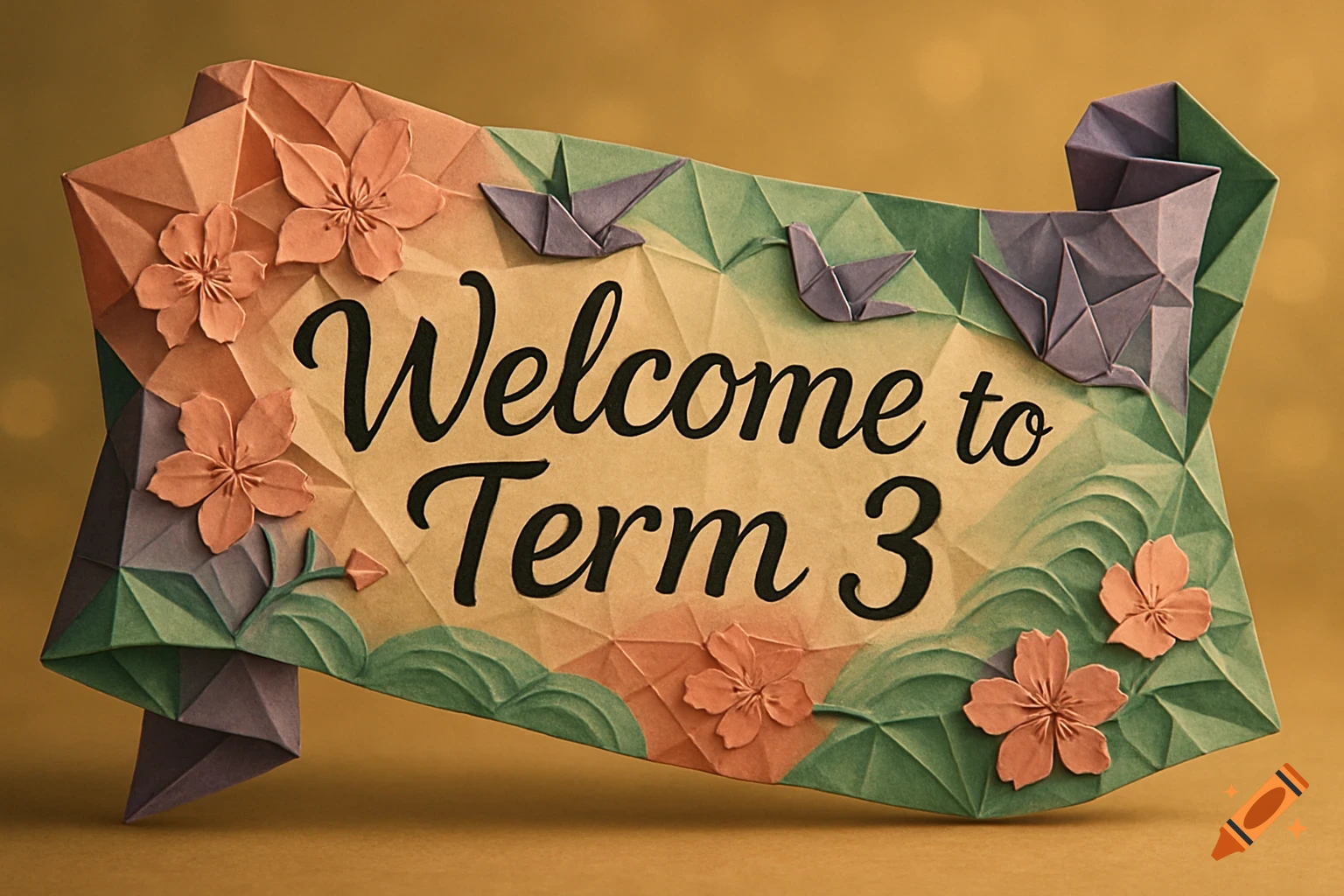 An origami banner in shades of green, orange, and purple, featuring flowers and birds, with the text 'Welcome to Term 3' written in the center.