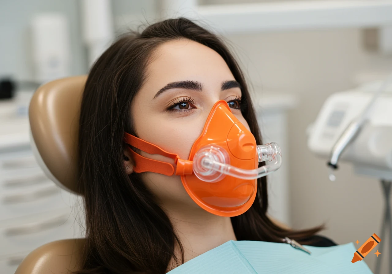 A 23-year-old brunette woman in a dentist chair receives nitrous oxide through an orange mask.