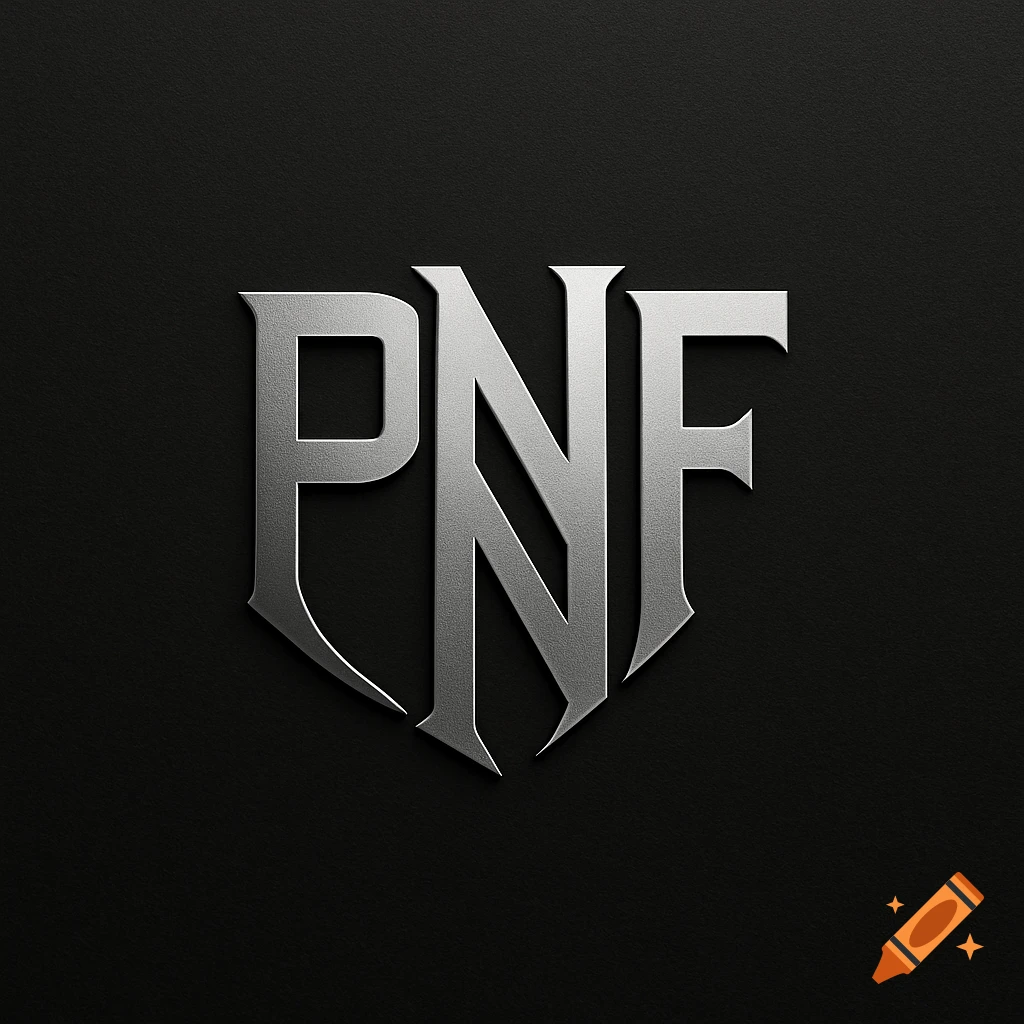 Metallic silver logo of the letters 'PNF' on a dark textured background.