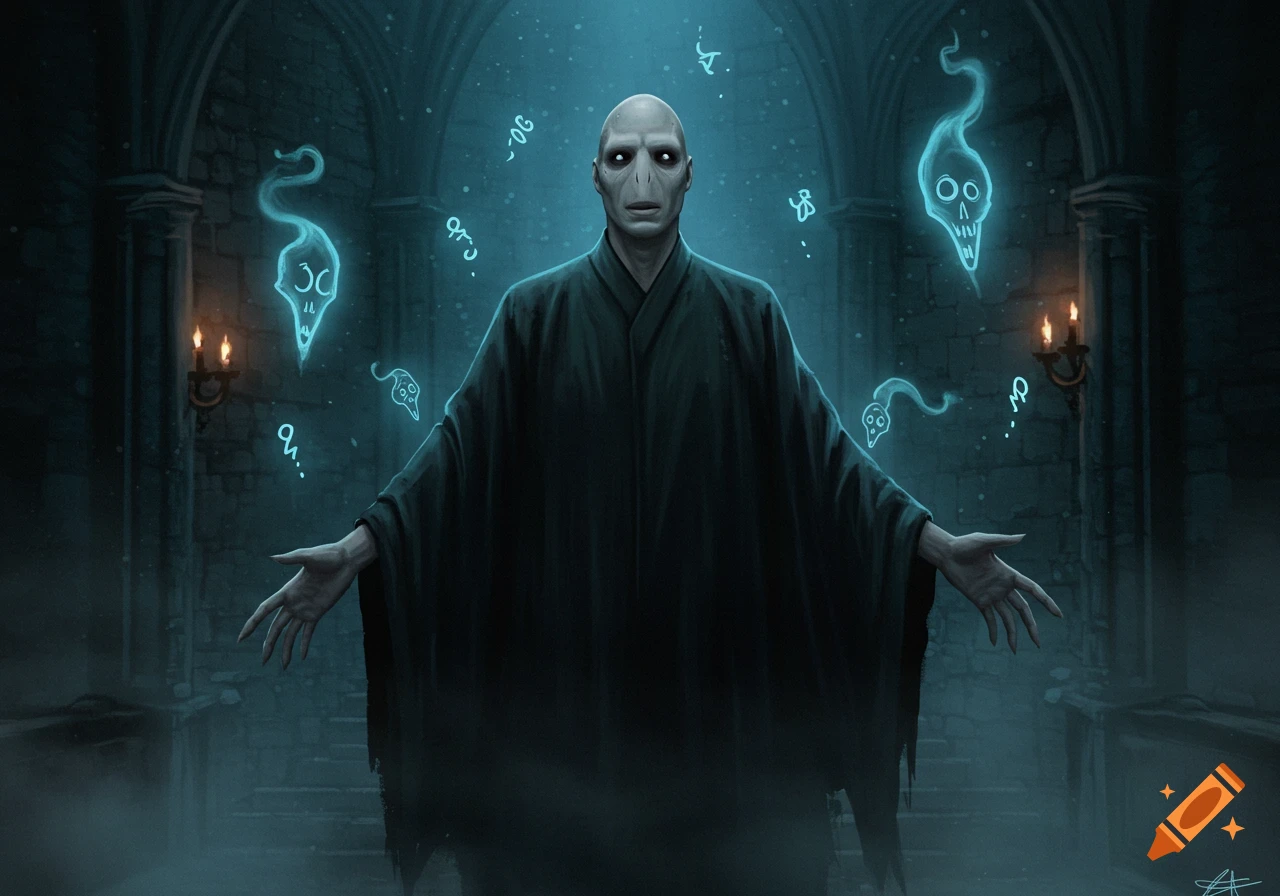A dark fantasy illustration of a bald, pale character in black robes with outstretched hands, surrounded by glowing blue ghostly skulls and mystical runes in a dimly lit stone hall.