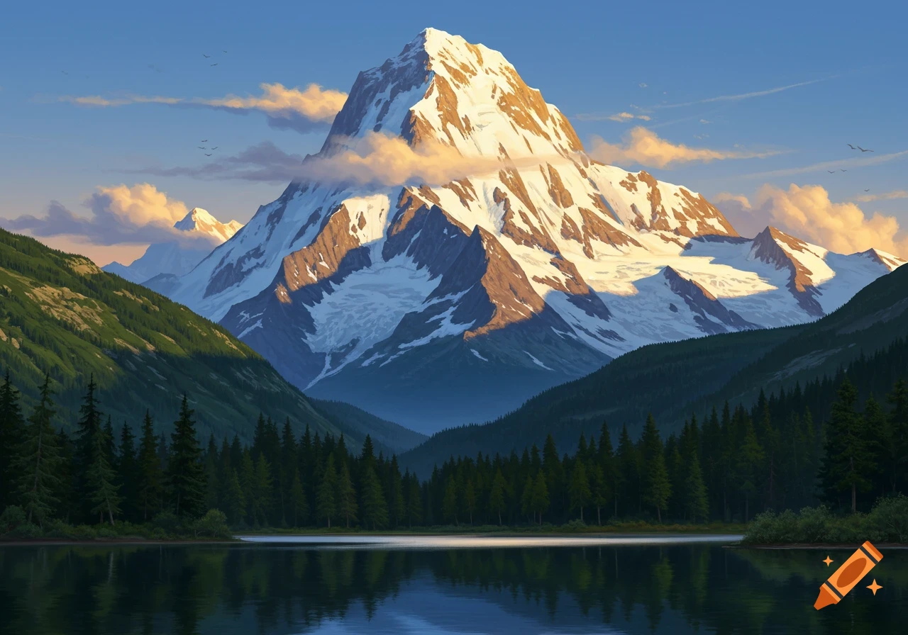 Snow-capped mountain overlooks a still lake surrounded by pine forests under a blue sky with scattered clouds, painterly style.