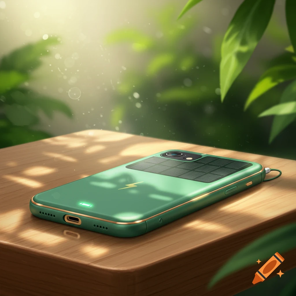A green smartphone with a solar panel on its back lies on a wooden table outdoors, bathed in sunlight.