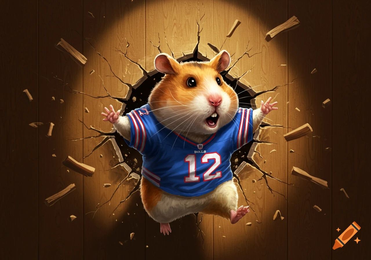 A cute hamster wearing a blue Buffalo Bills jersey with the number 12, breaking through a wooden wall.