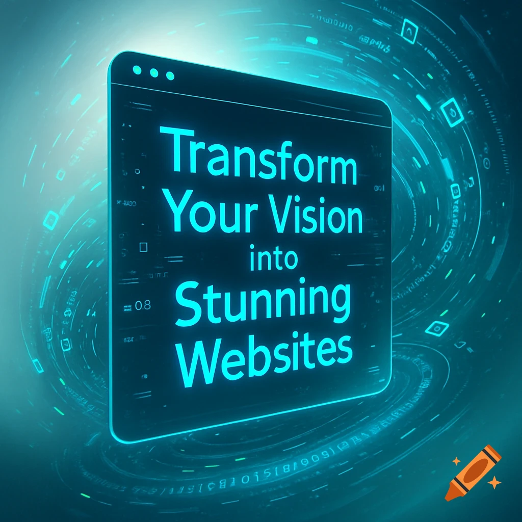 Glowing blue digital screen with text 'Transform Your Vision into Stunning Websites' in a futuristic cyberspace.