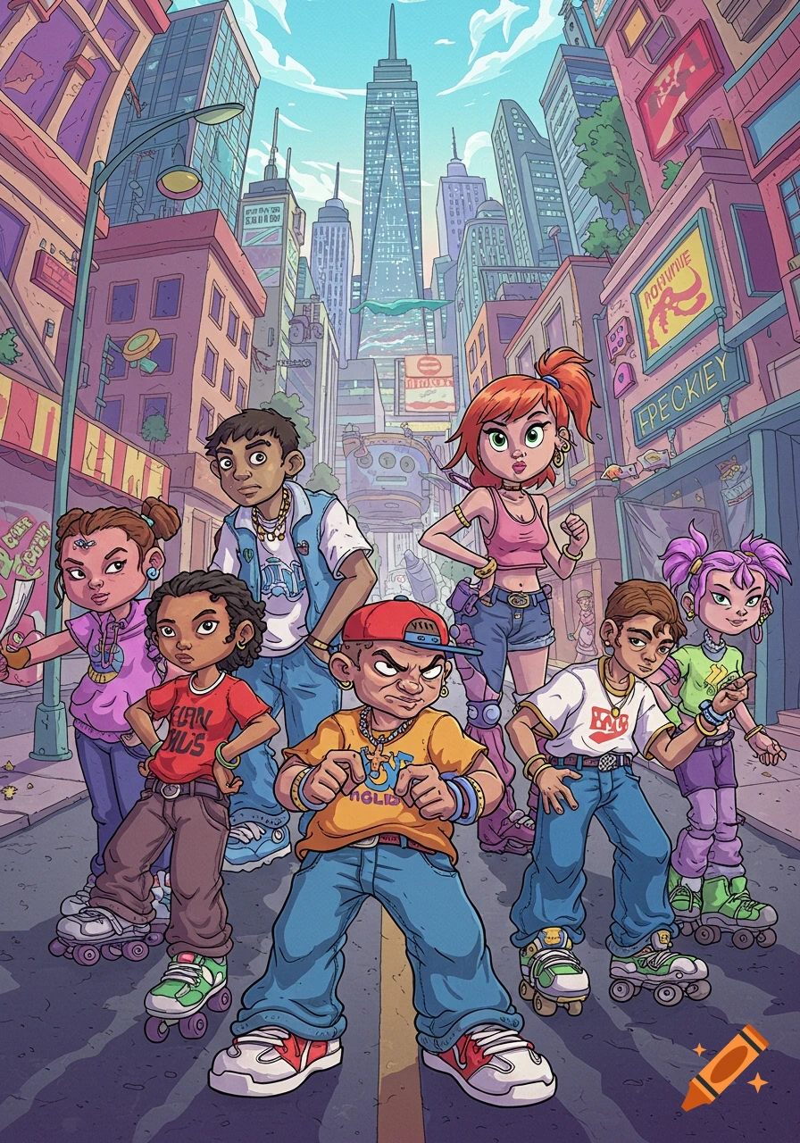 A group of diverse, stylized cartoon kids wearing bright streetwear and rollerblades stand on a city street with tall buildings in the background, in a 2000s cartoon style.