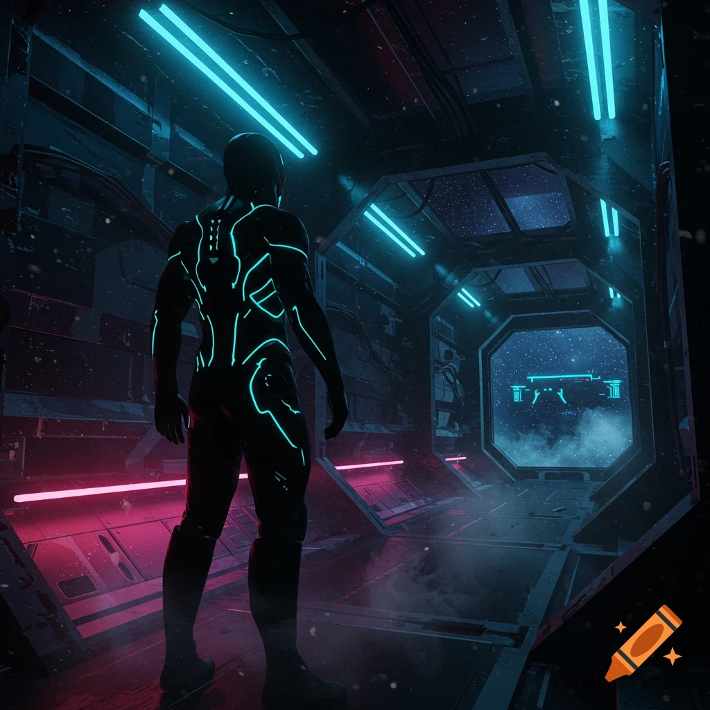 A figure in a glowing teal-lined black futuristic suit stands in a dark sci-fi corridor, looking out a window at a starry space vista.