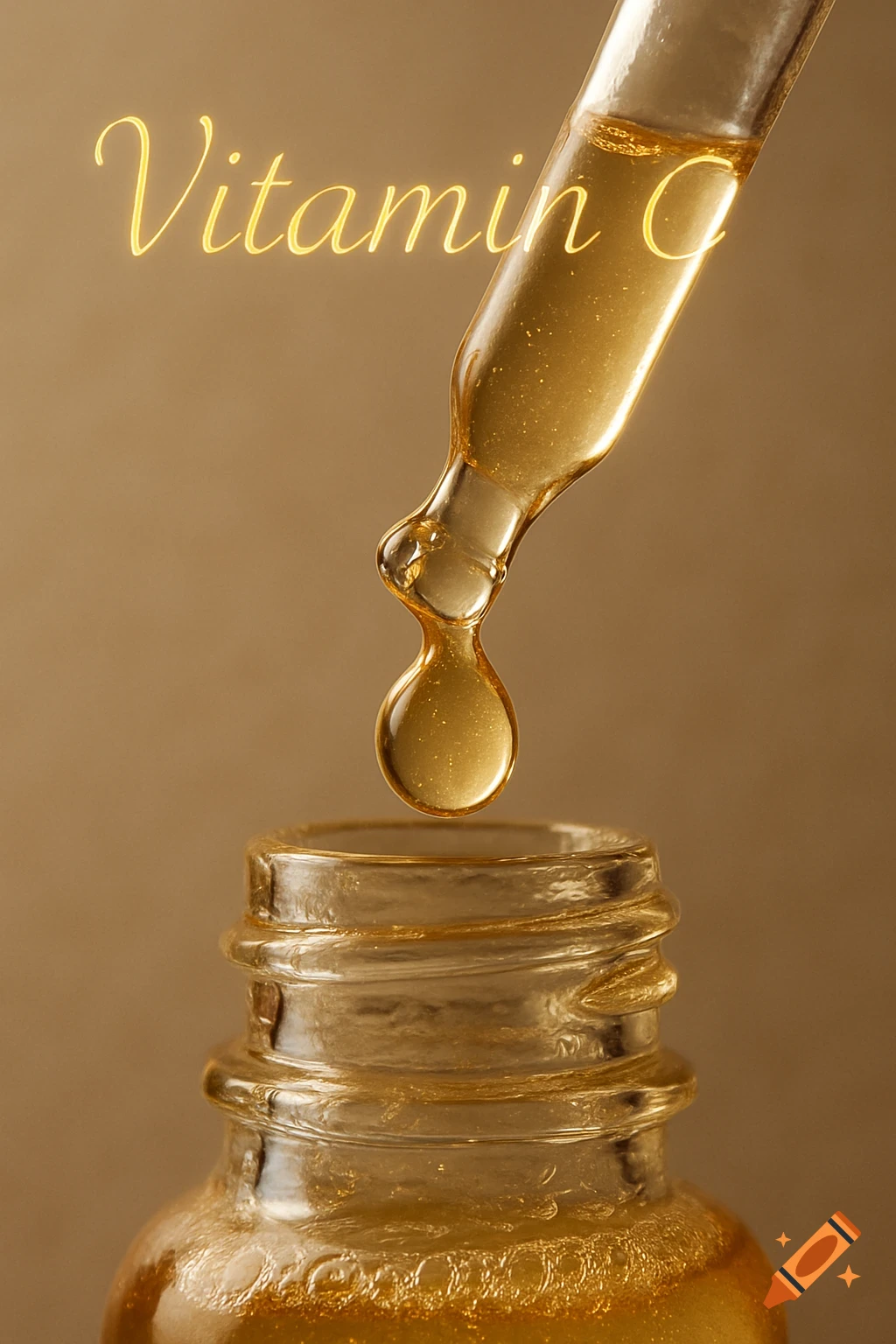 Close-up of a dropper dispensing golden Vitamin C serum into a bottle against an earthy beige background.