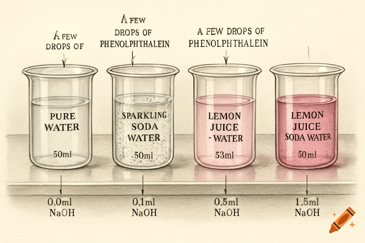 Scientific illustration of a pH experiment with four beakers containing different liquids and labels for their contents and measurements of sodium hydroxide.