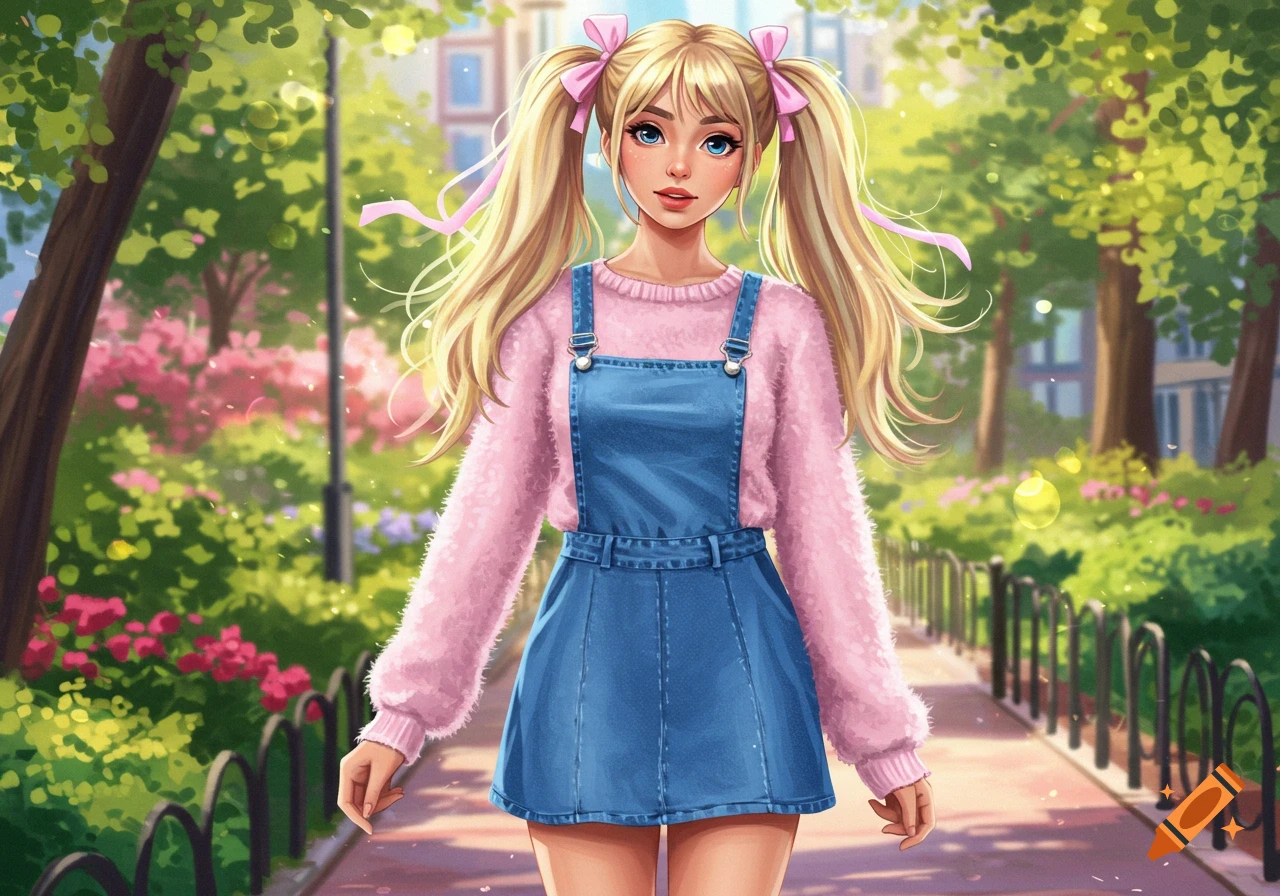 An illustration of a young woman with blonde pigtails and pink bows, wearing a pink fuzzy sweater and denim overall dress, walking in a park.