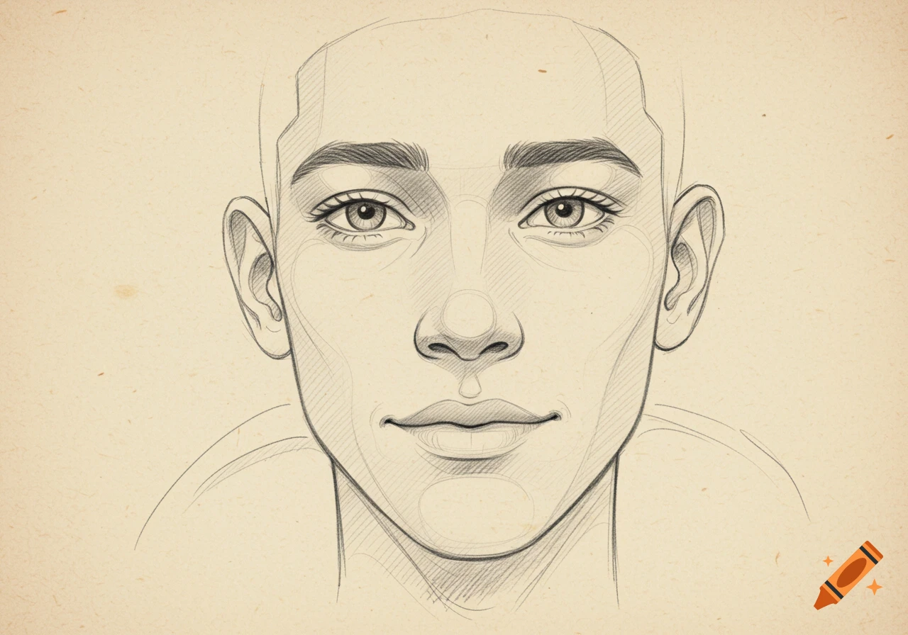 A detailed pencil sketch of a person's face, featuring a textured, light brown paper background.