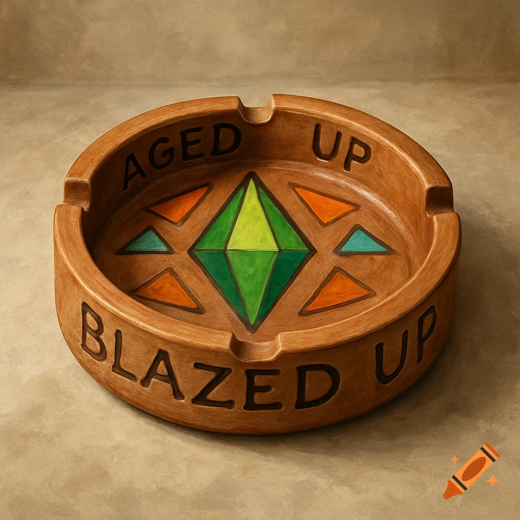 A brown clay ashtray with 'AGED UP BLAZED UP' engraved and a green and orange geometric design resembling the Sims plumbob.