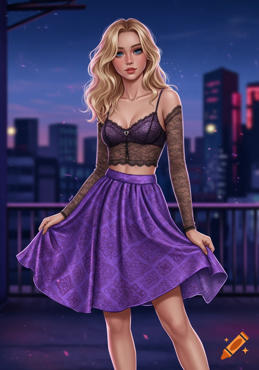 An illustrated blonde woman in a purple lace crop top and patterned skirt stands on a rooftop at dusk with a city skyline behind her.