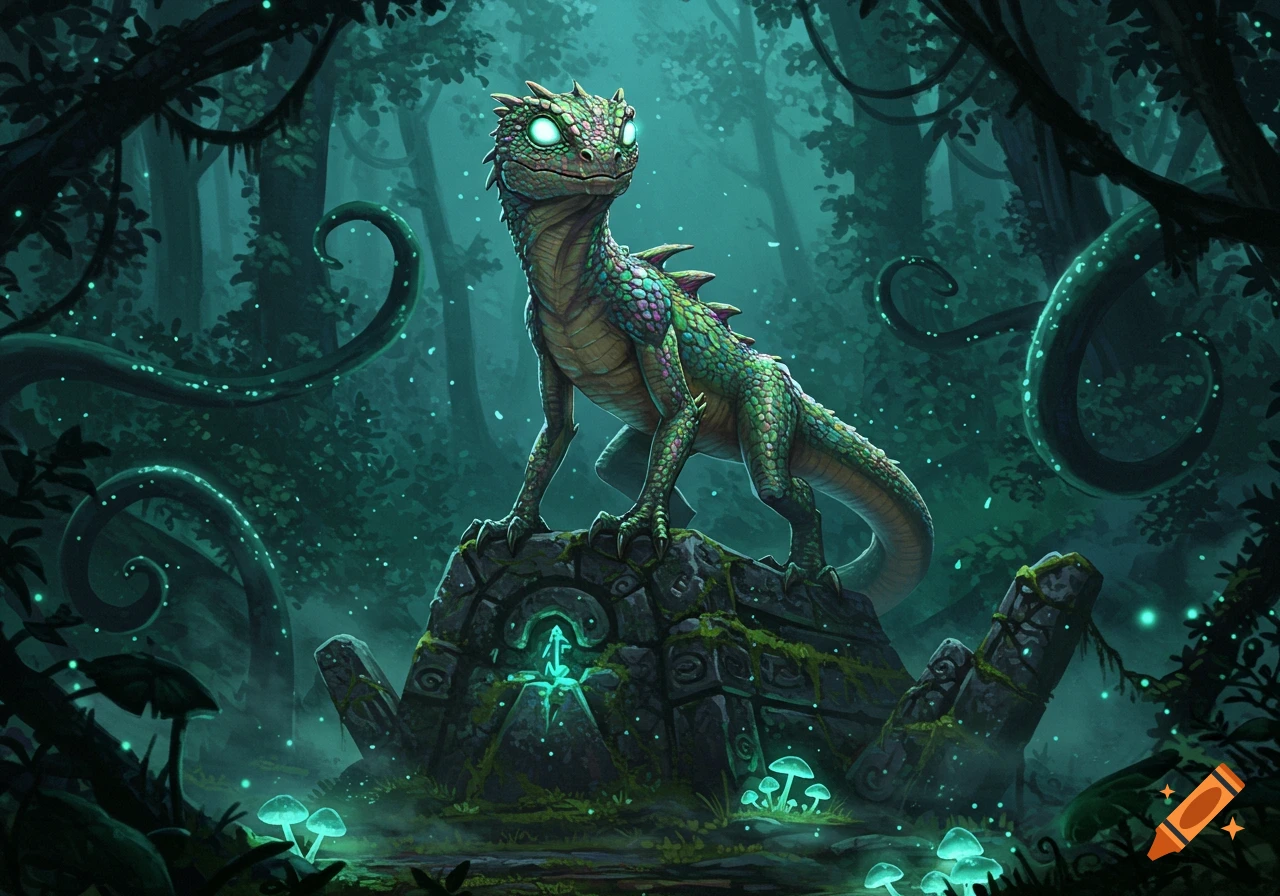 A green lizard-like fantasy creature with glowing eyes stands on a mossy stone in a dark, mystical forest with glowing plants.