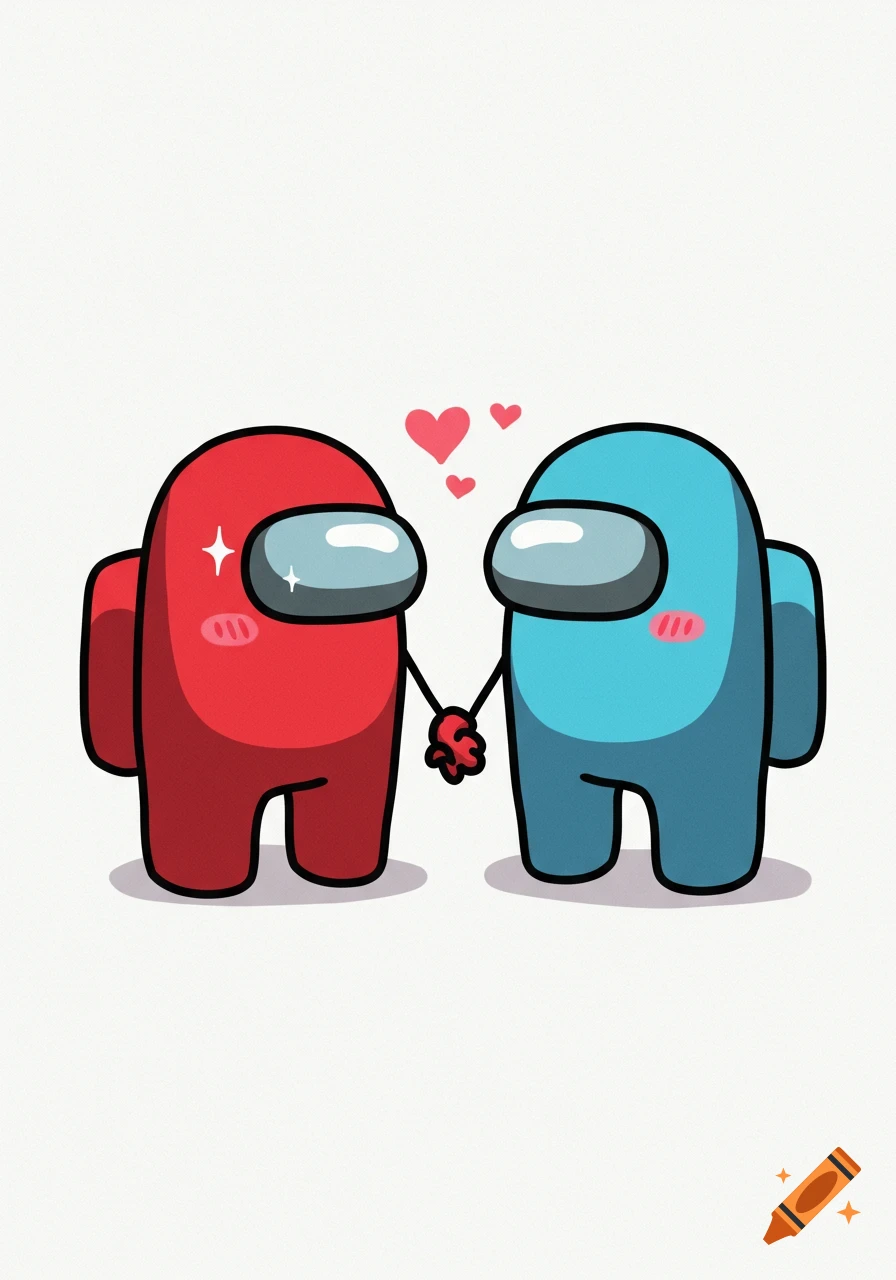 Red and blue Among Us characters holding hands with hearts, cartoon style.