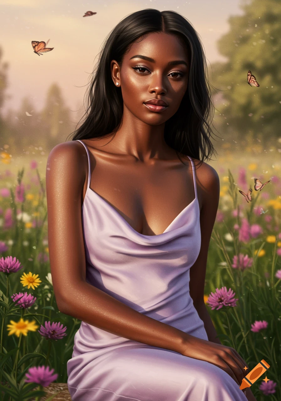 A photorealistic portrait of a woman with dark hair in a lavender dress sitting in a field of colorful wildflowers with butterflies.