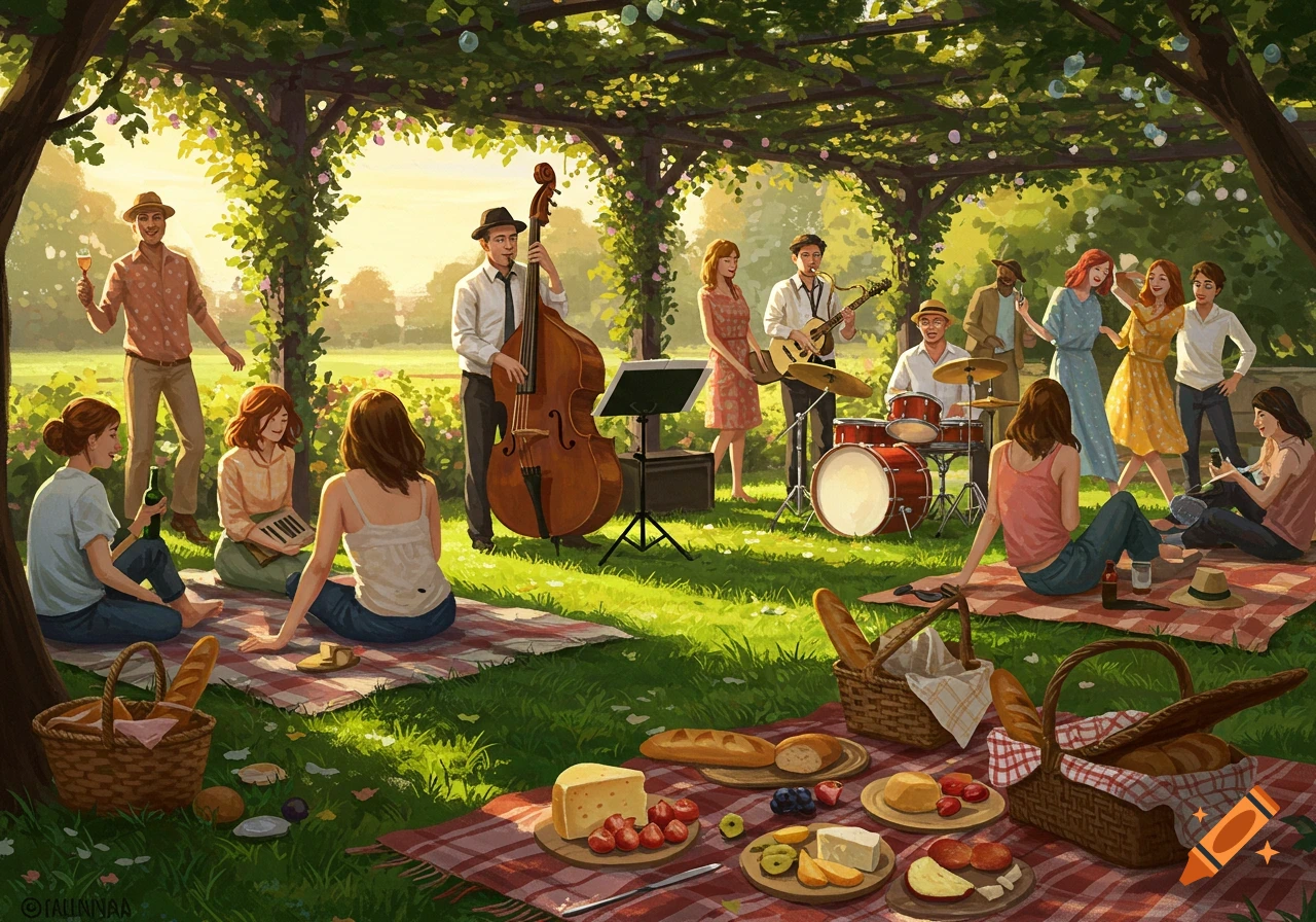 An illustration of people enjoying a jazz concert at a sunny outdoor picnic under a leafy trellis.