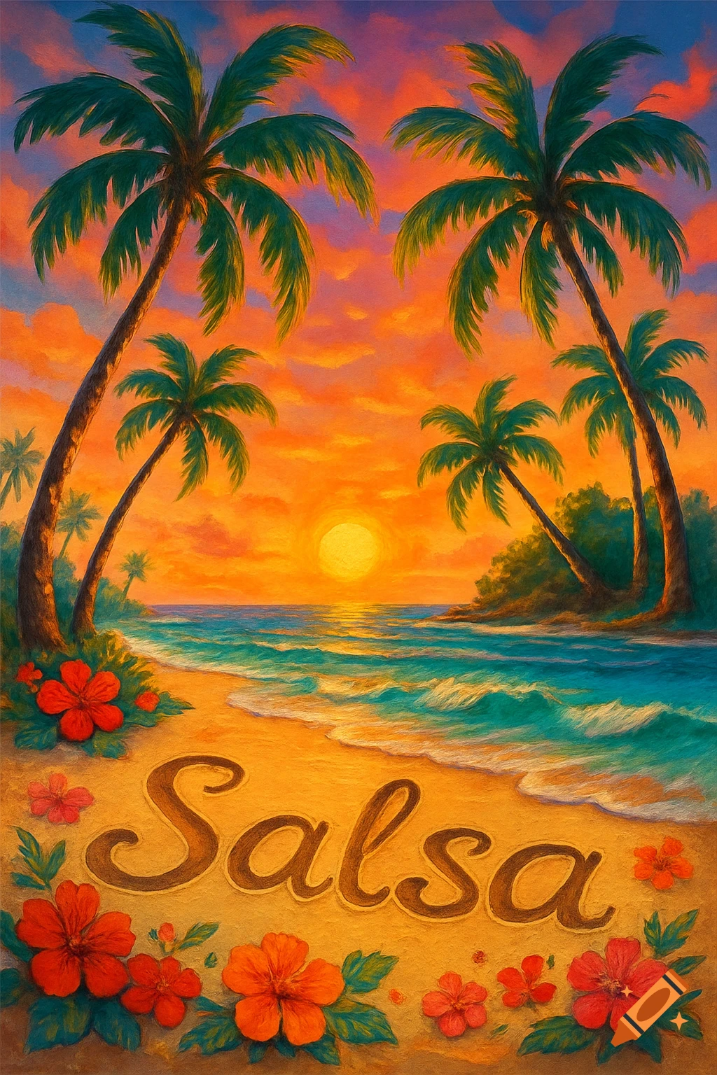 Painterly tropical beach sunset with palm trees, ocean waves, red flowers, and "Salsa" written in the sand.