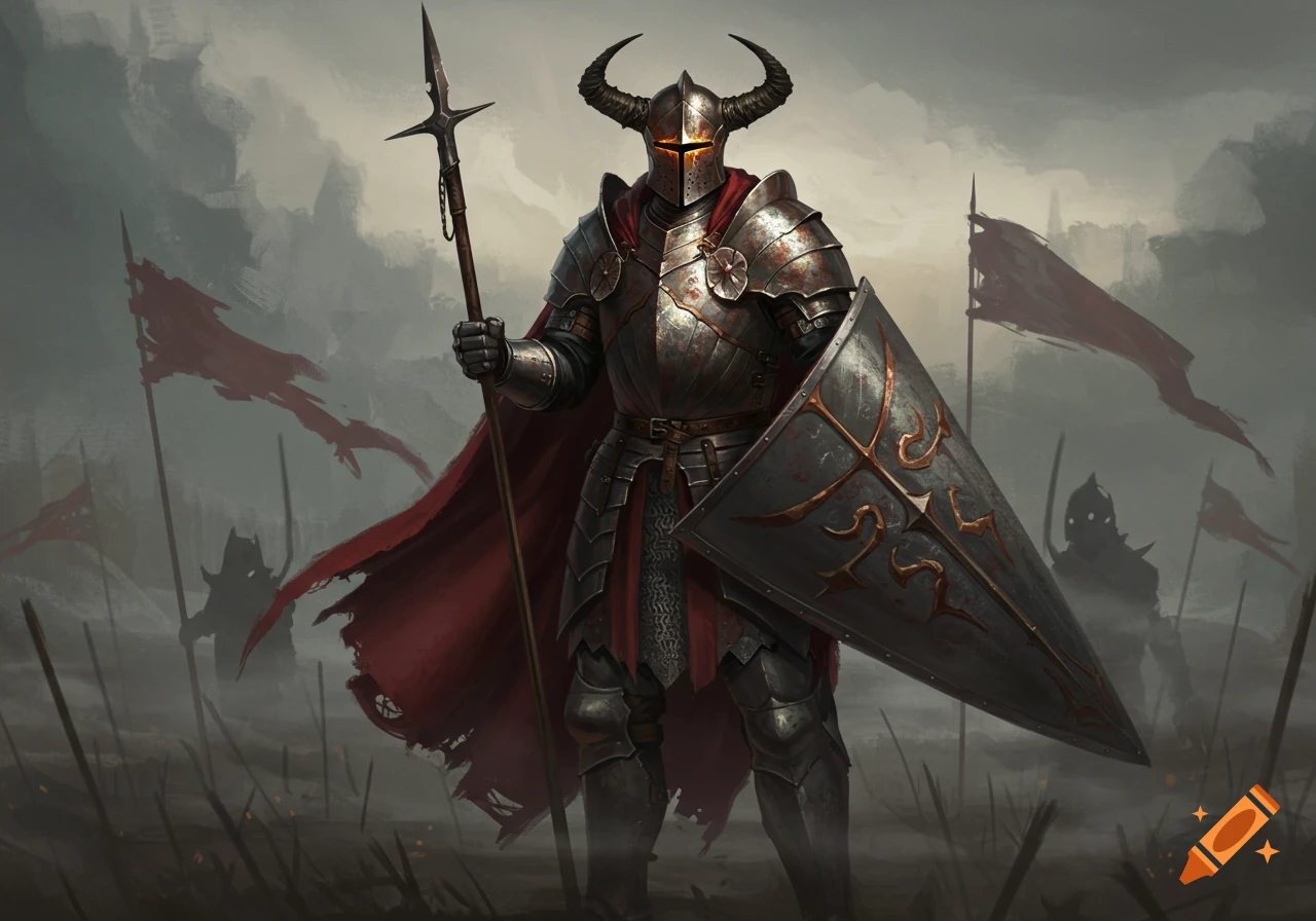 A formidable knight in dark, horned armor with a spear and shield stands on a misty, war-torn battlefield.
