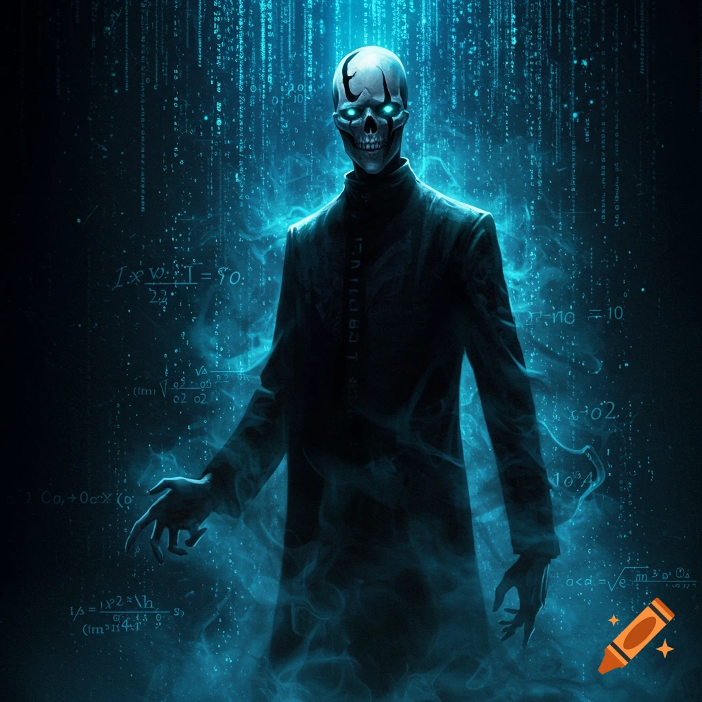 A glowing skeletal figure in a dark coat with bright blue eyes stands amidst falling digital code and mathematical equations in a dark, atmospheric setting.