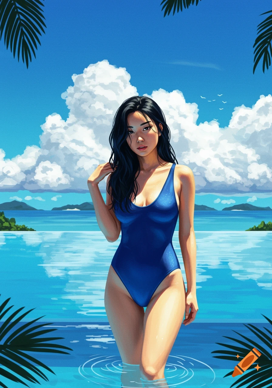 An Asian woman in a blue one-piece swimsuit stands in clear blue water with a tropical background.