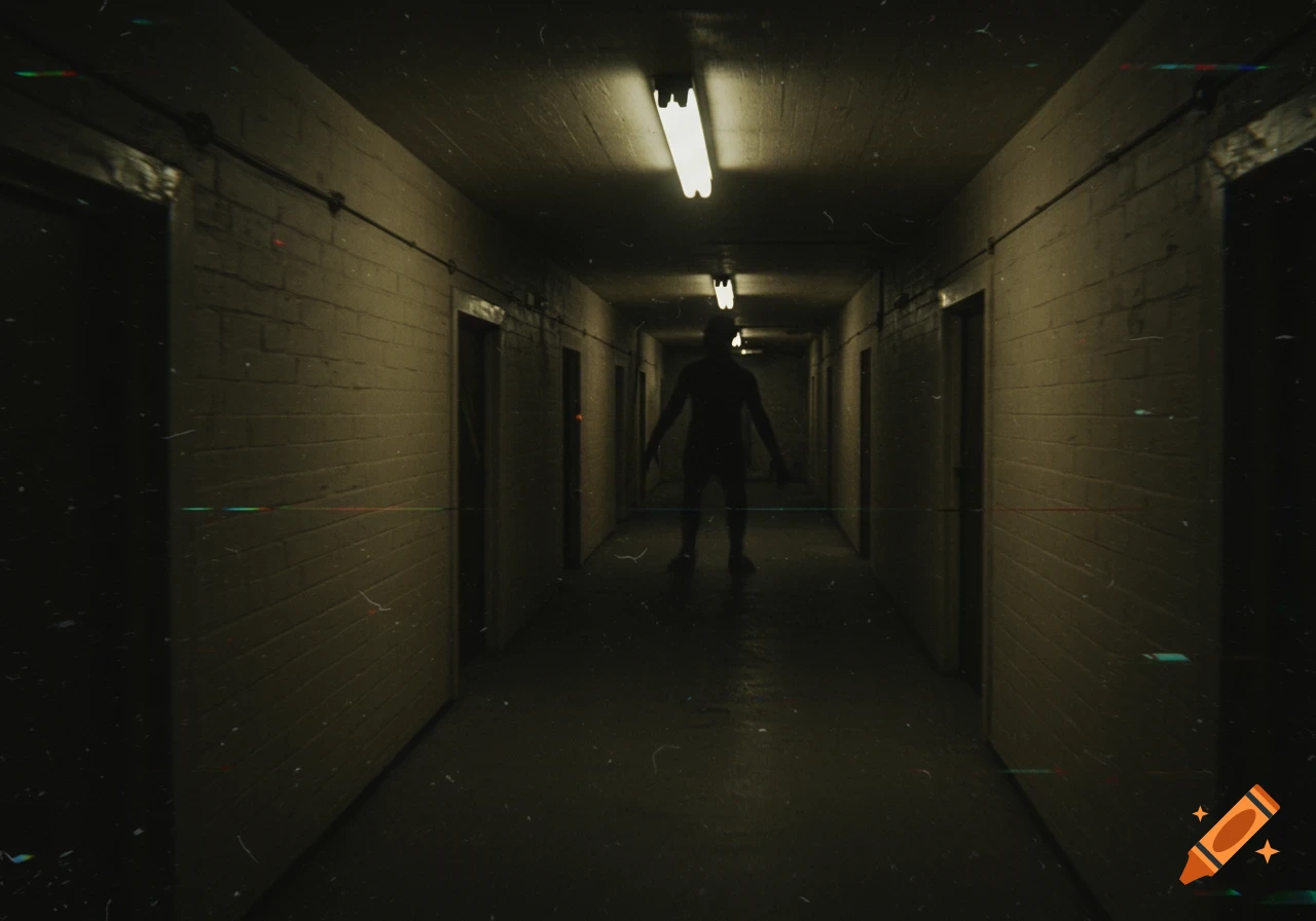 A shadowy figure stands at the end of a long, dark, brick hallway, illuminated by overhead fluorescent lights, with a grainy, VHS-like effect.