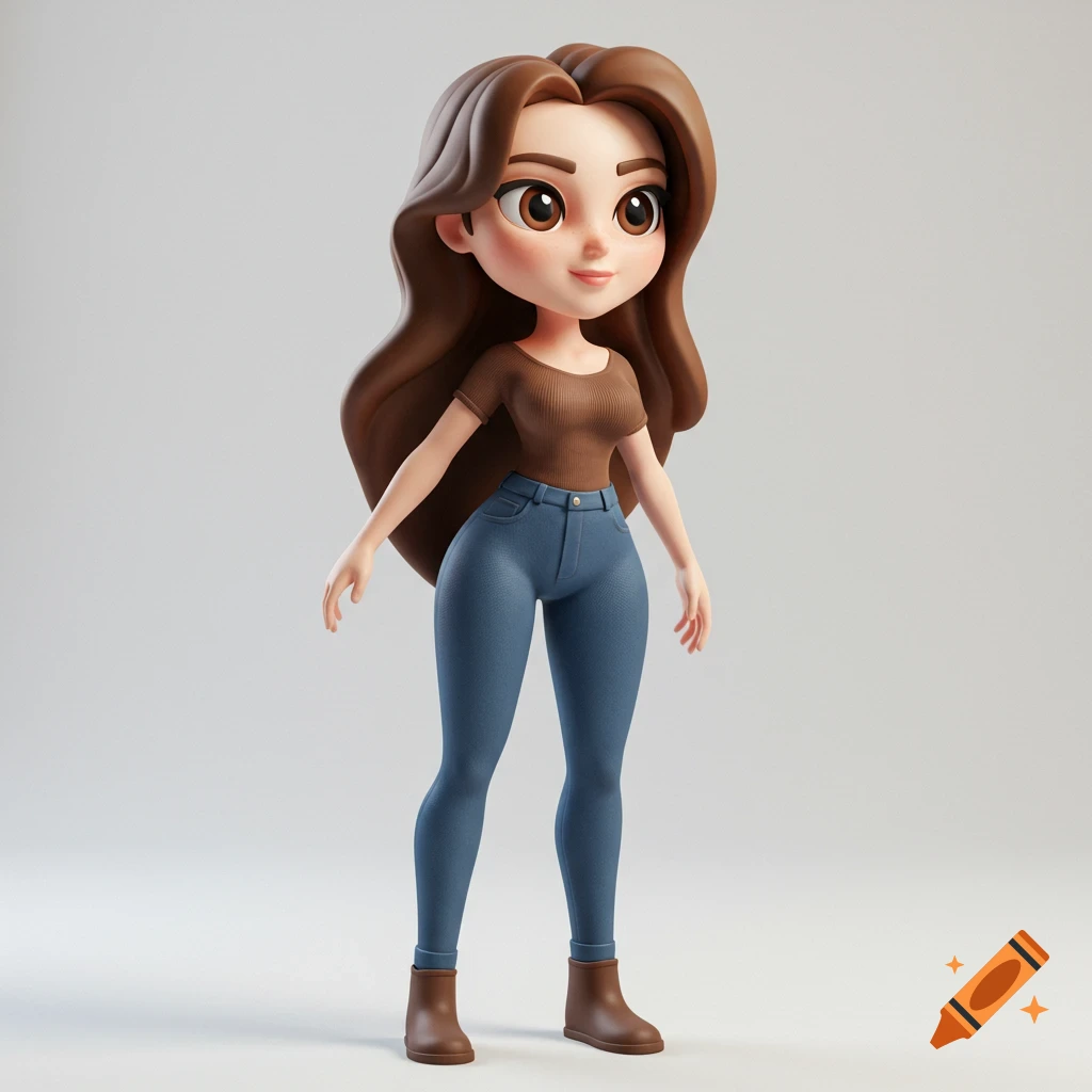 A stylized 3D cartoon figurine of a woman with long brown hair, wearing a brown shirt and blue jeans, standing on a white background.