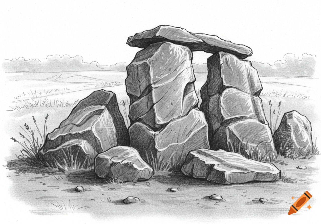 A detailed pencil sketch of ancient stone structures in a field.