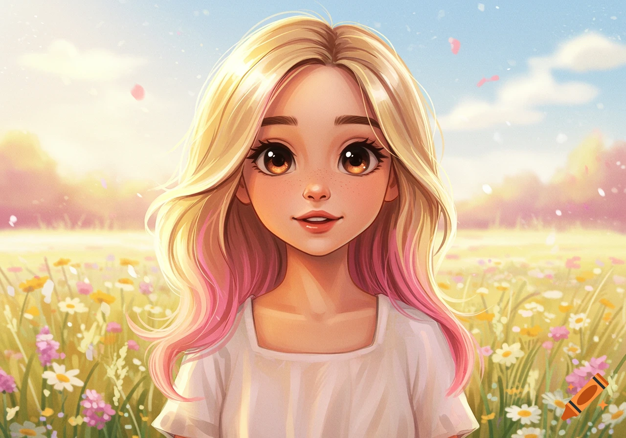 A cheerful blonde cartoon girl with pink highlights and brown eyes smiles in a sunlit field of wildflowers with falling pink petals.