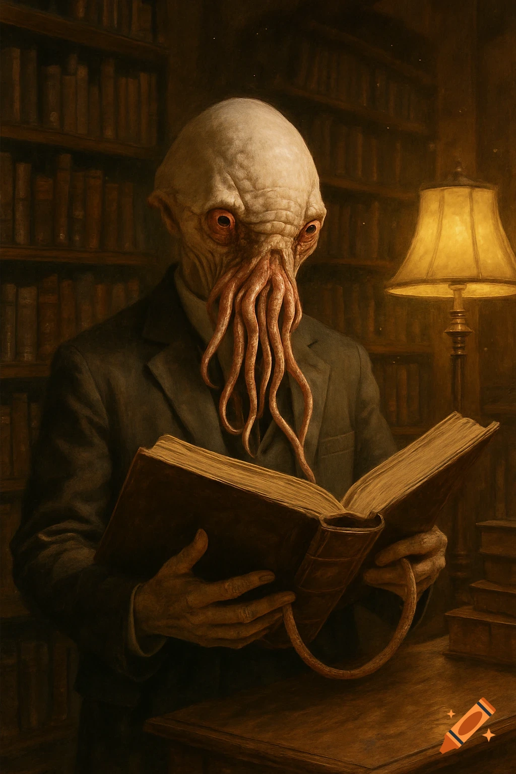 A humanoid alien Ood creature in a suit reads a large book in a dimly lit library, illuminated by a table lamp. Painting.