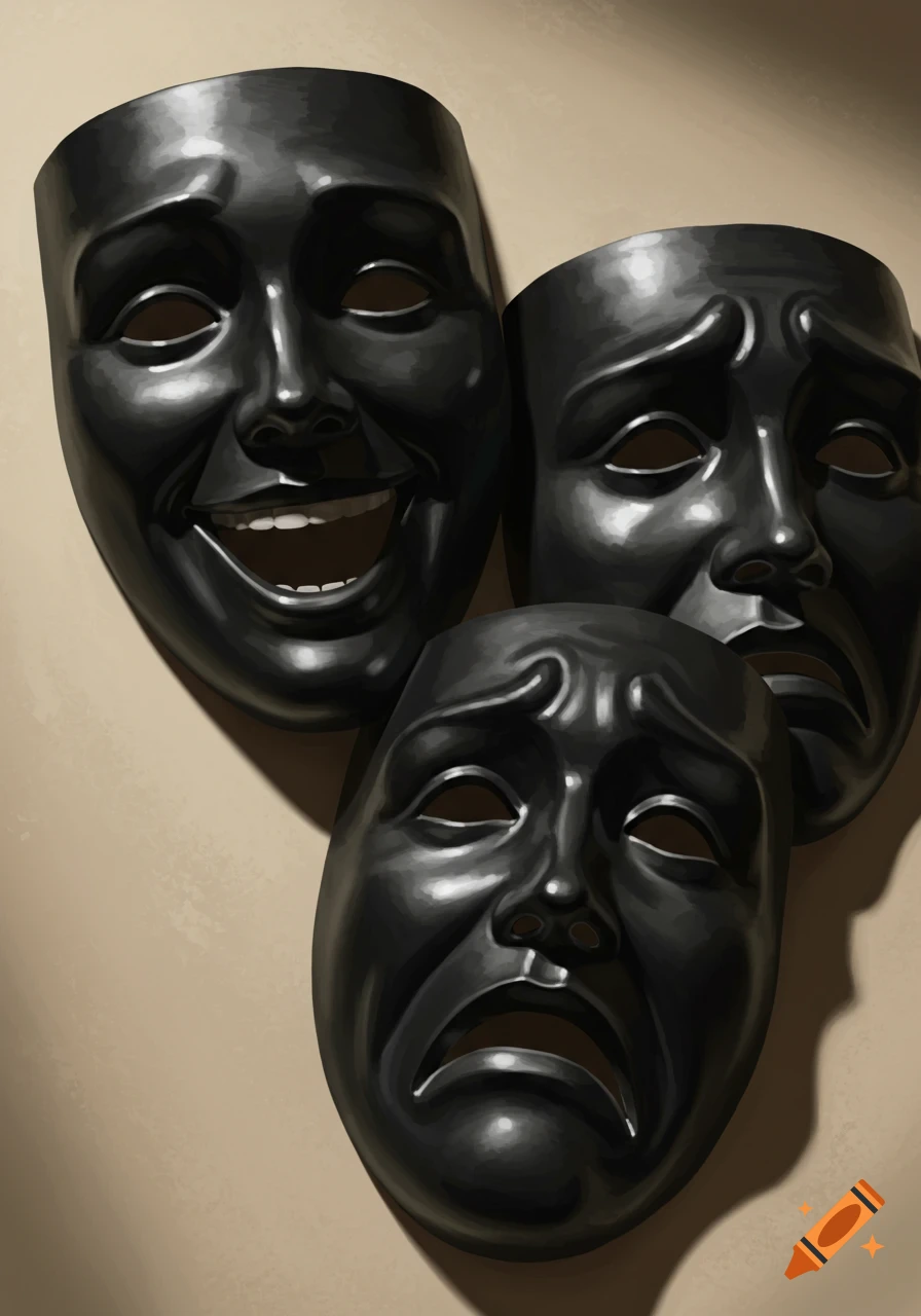 Three black theatrical masks depicting joy, sadness, and fear on a neutral background.