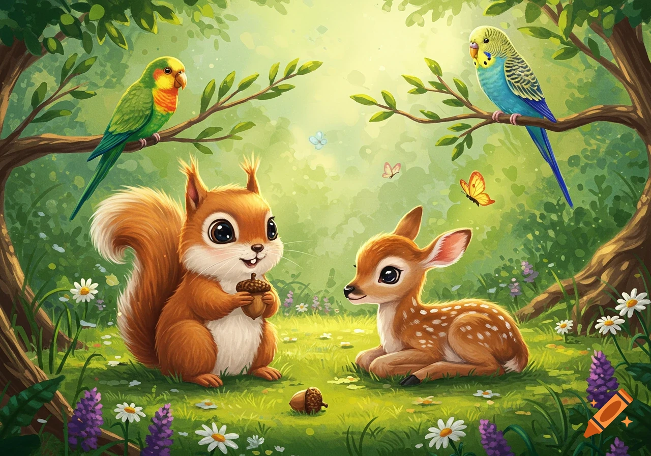A cute squirrel, fawn, and colorful birds in a sunlit forest illustration.
