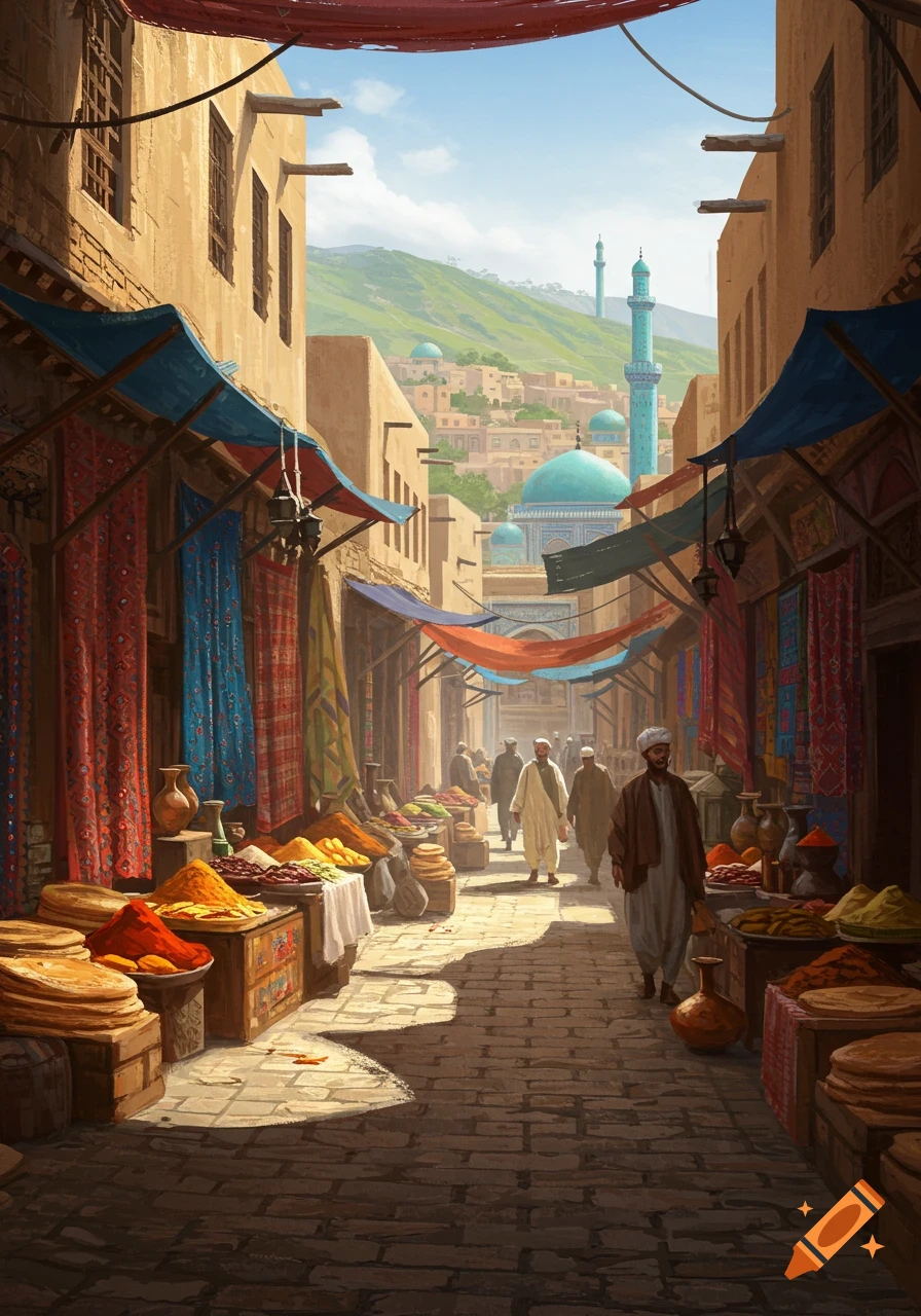 A bustling market street in a Middle Eastern city, with stalls full of colorful spices and textiles, traditional buildings, and people walking, under a clear sky.