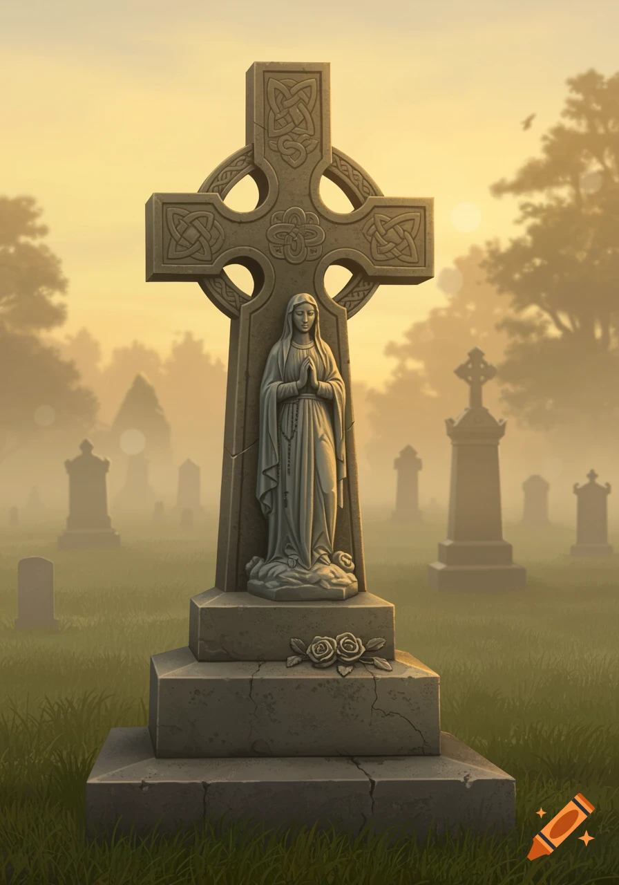 A Celtic cross headstone with a statue of the Virgin Mary, set in a misty cemetery at sunset.