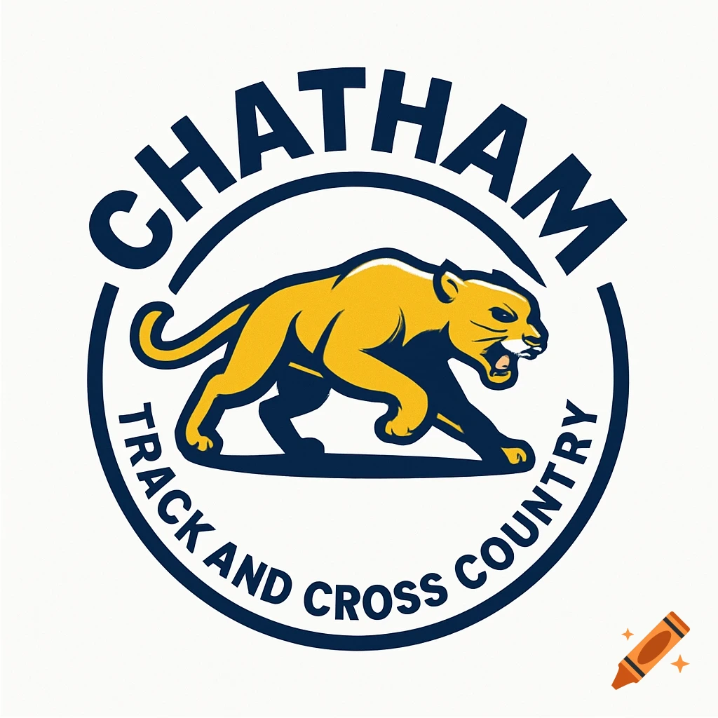 Circular sports logo with a gold and navy blue cougar, 'CHATHAM' at the top, and 'TRACK AND CROSS COUNTRY' at the bottom.