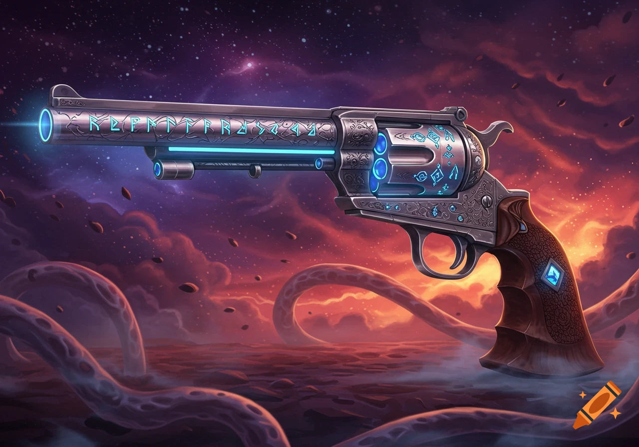 A glowing, ornate fantasy revolver with blue light and runes, set against a vibrant space background with tentacles.