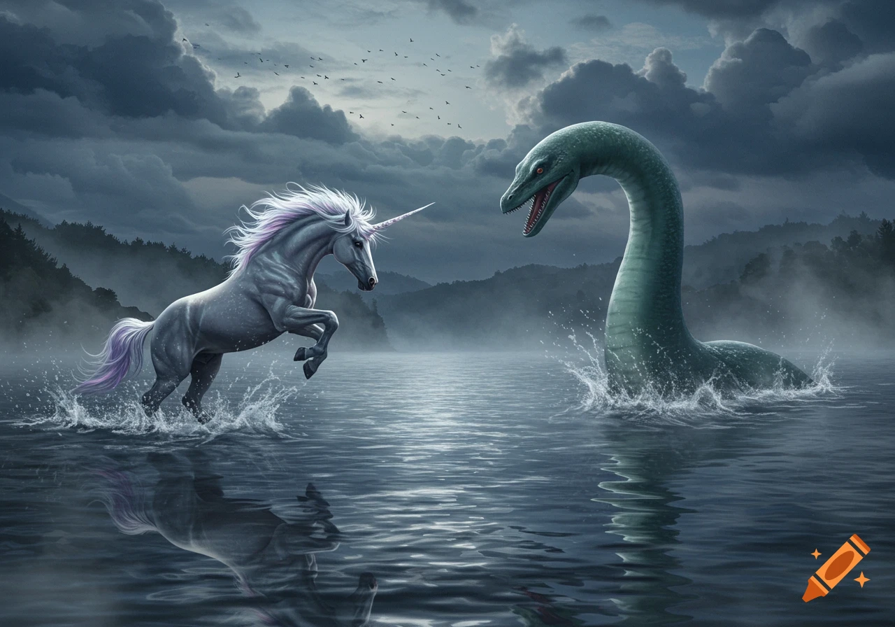 A grey unicorn with a purple mane leaps from a dark lake towards a green Loch Ness Monster emerging from the water under a cloudy sky.