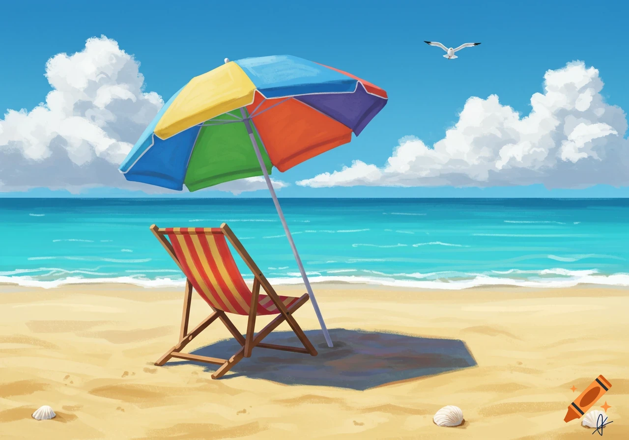 A colorful beach umbrella and a striped chair on a sandy beach next to the turquoise ocean under a bright blue sky.