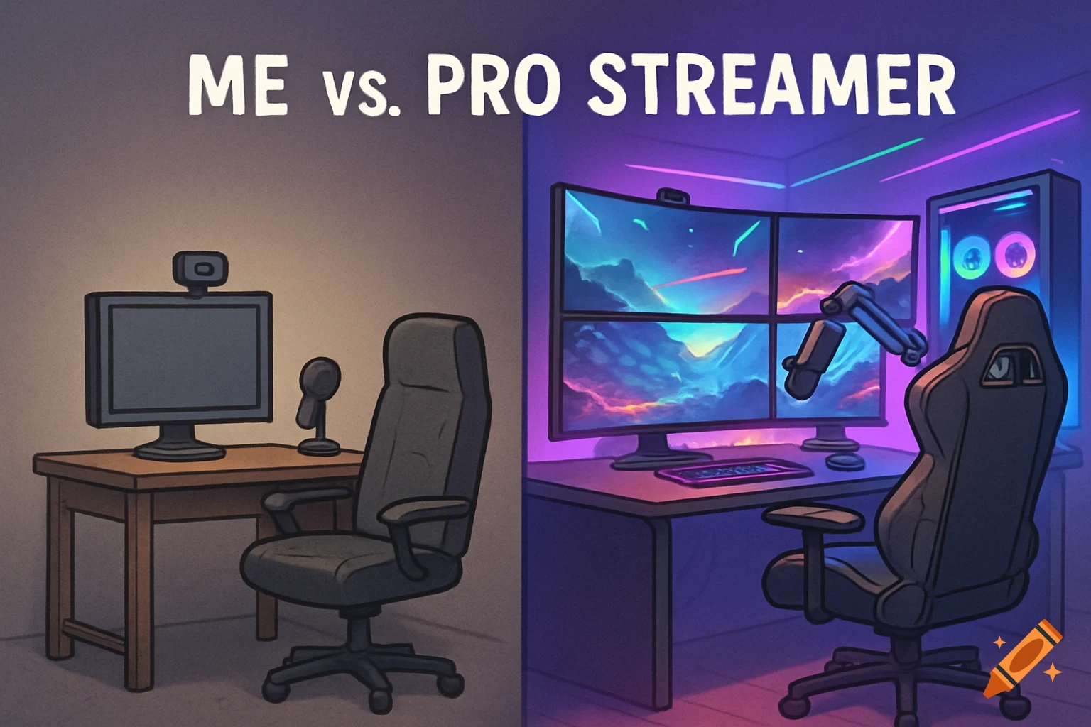 Cartoon comparing a simple gaming setup on the left to a professional streamer's setup on the right, with text 'ME vs. PRO STREAMER'.