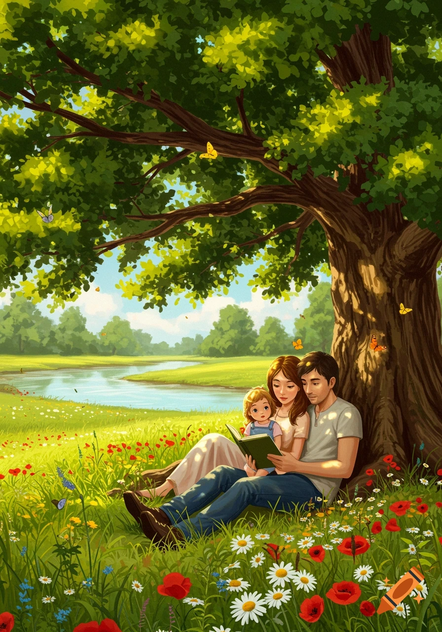 A family reading under a large tree in a sunny, flower-filled meadow by a river in a stylized illustration.