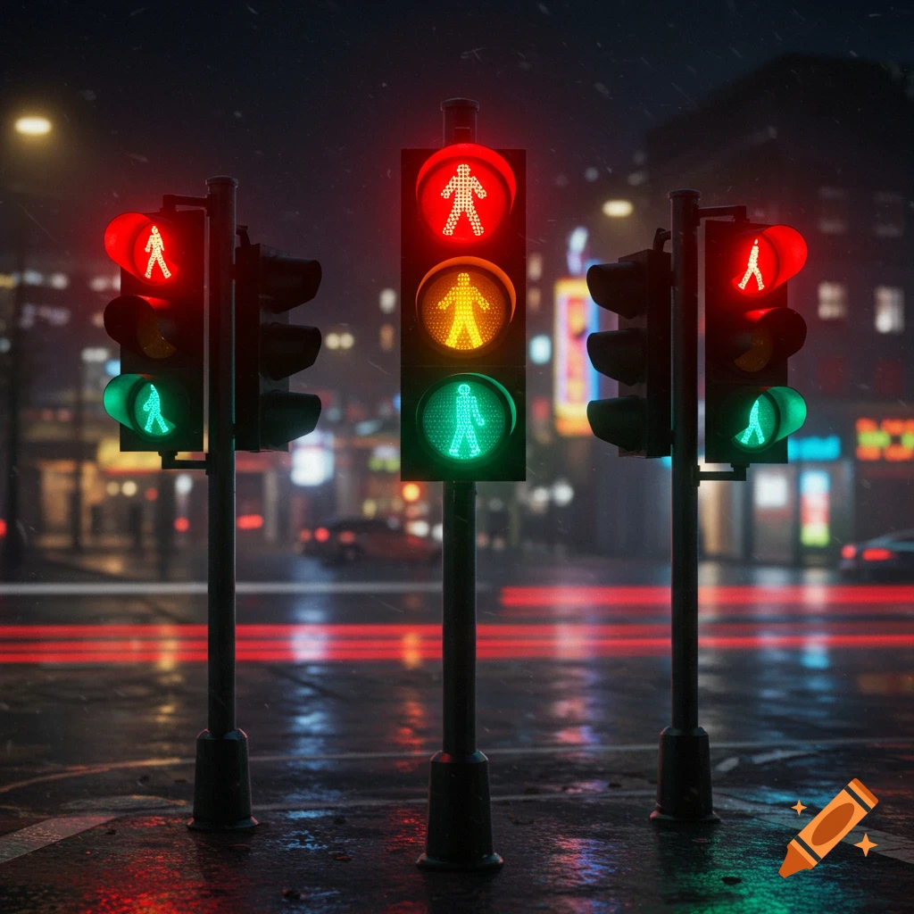 Three pedestrian traffic lights glowing red, yellow, and green on a wet city street at night, with blurred car lights in the background.