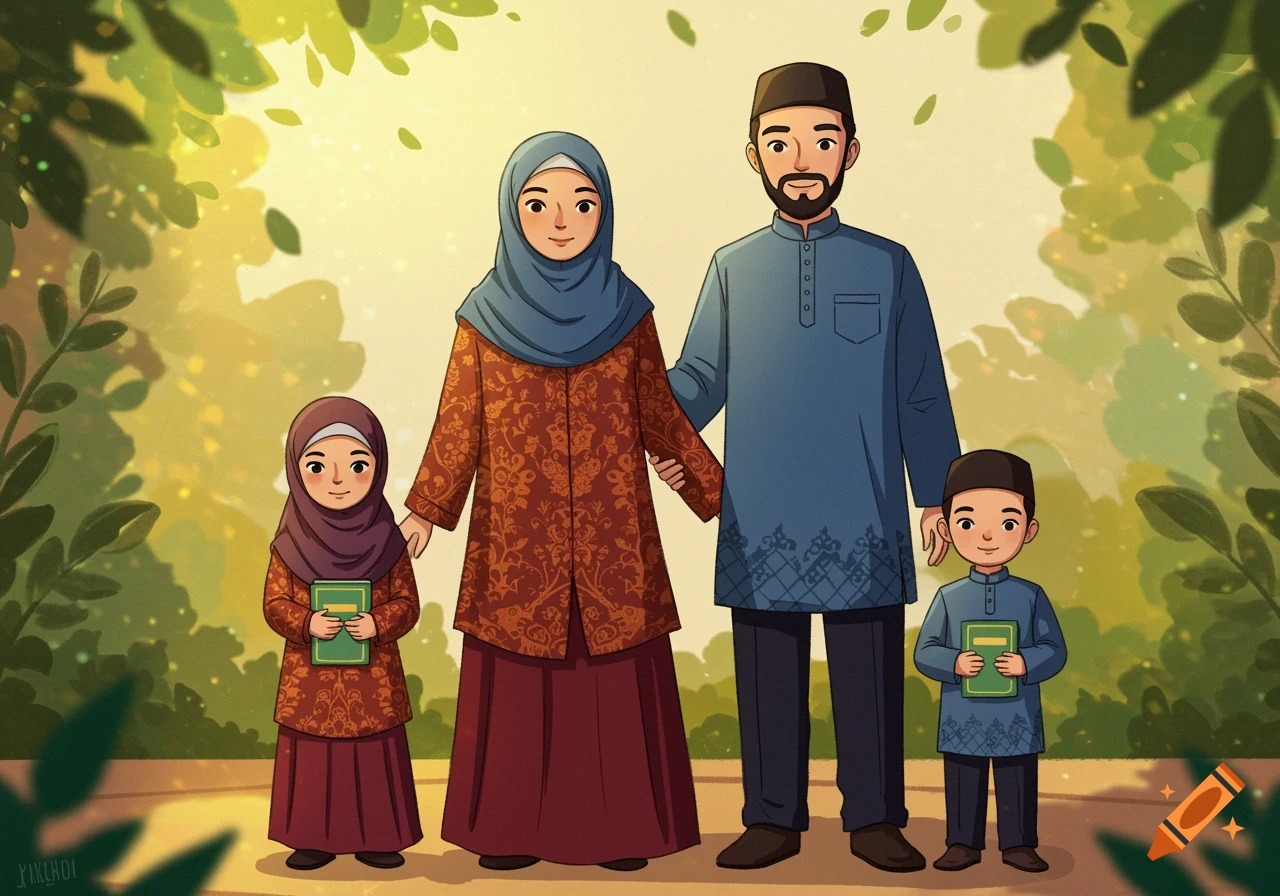 Cartoon Muslim family: father, mother, daughter, and son, standing with books in a sunny outdoor setting.