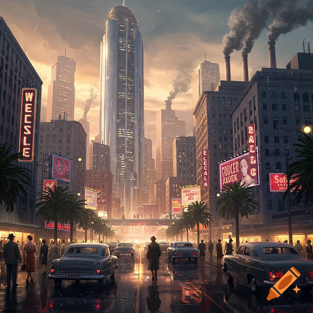 A bustling 1950s dystopian city street with classic cars, people, and tall buildings under a smoky sky at sunset.