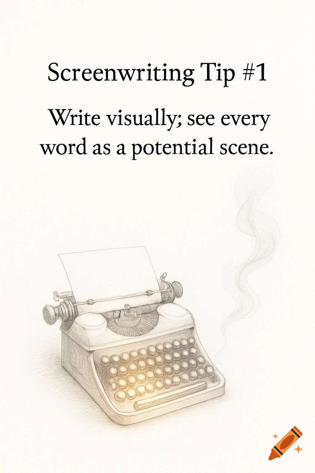 A pencil sketch illustration of a vintage typewriter with a screenwriting tip above it.