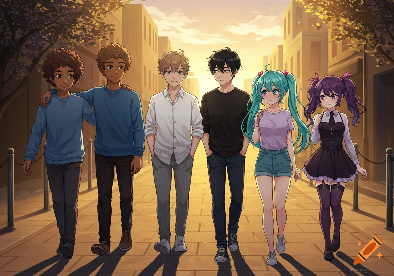 Six anime characters, four boys and two girls, walk together on a sunlit street at sunset.