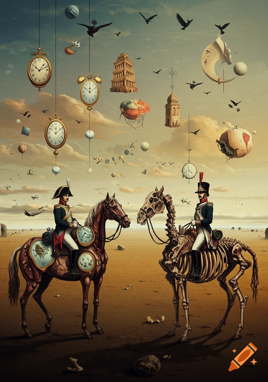 Surrealist Dalí-style art with Napoleonic officers on a normal and a skeletal horse in a barren landscape, surrounded by floating clocks and buildings.