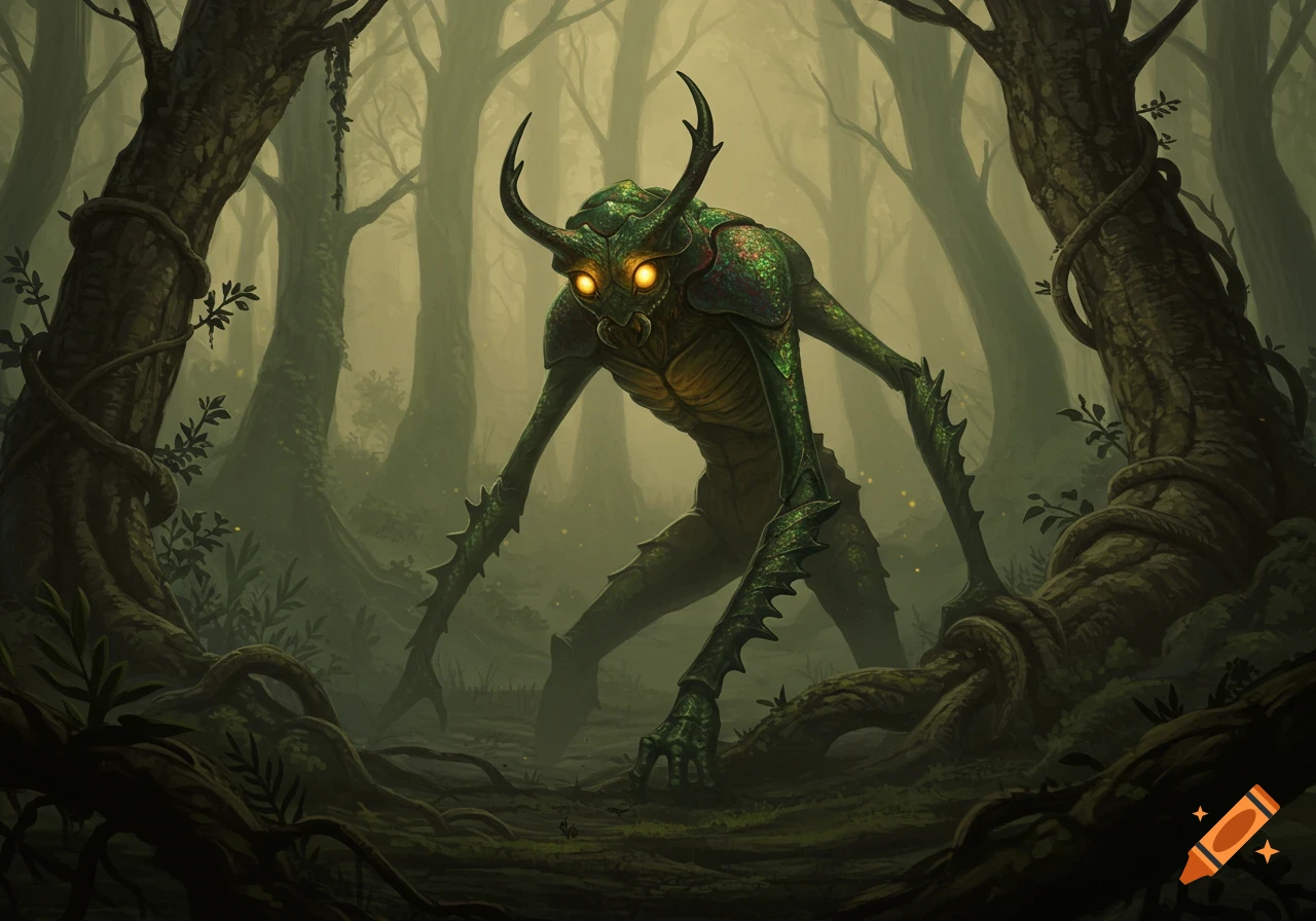 A large, green, insectoid monster with glowing yellow eyes and horns stands in a dark, misty forest.