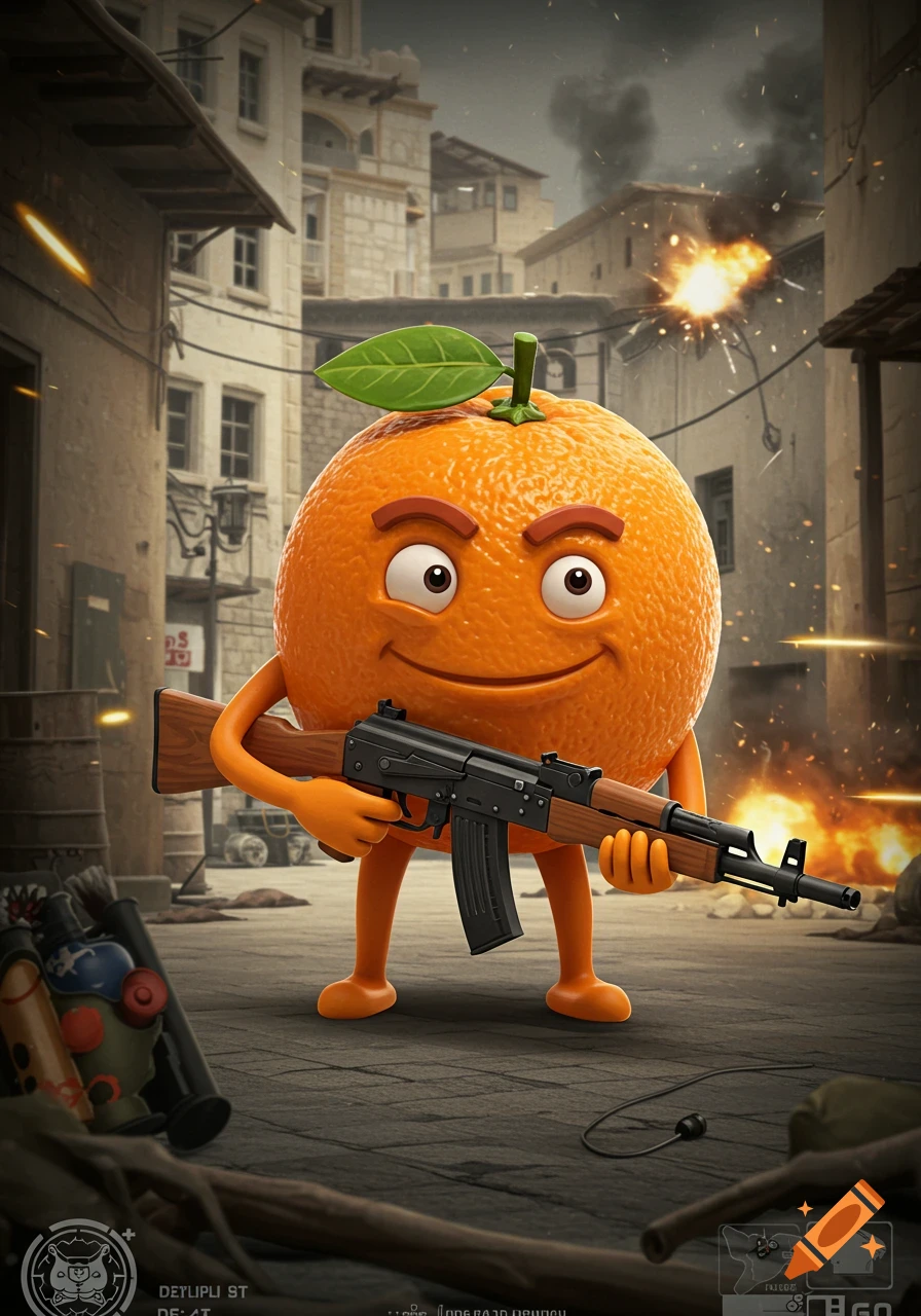 A cartoon orange character holding a rifle stands in a war-torn city street with explosions in the background.